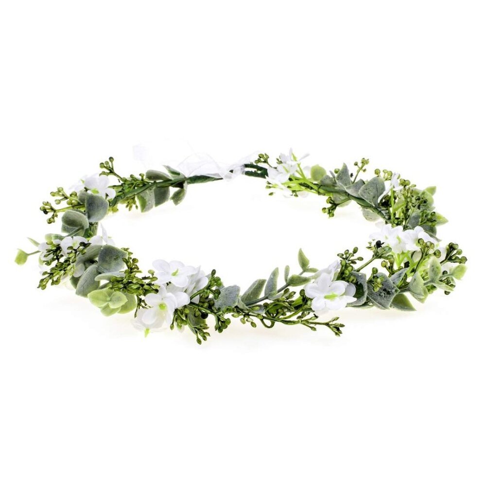Bridal Green Leaf Crown Bohemian Headpiece Floral Headband Photo Prop white flow